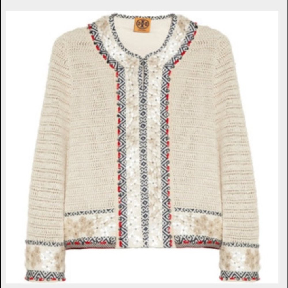 Tory Burch White Donovan Embellished Crochet Knit